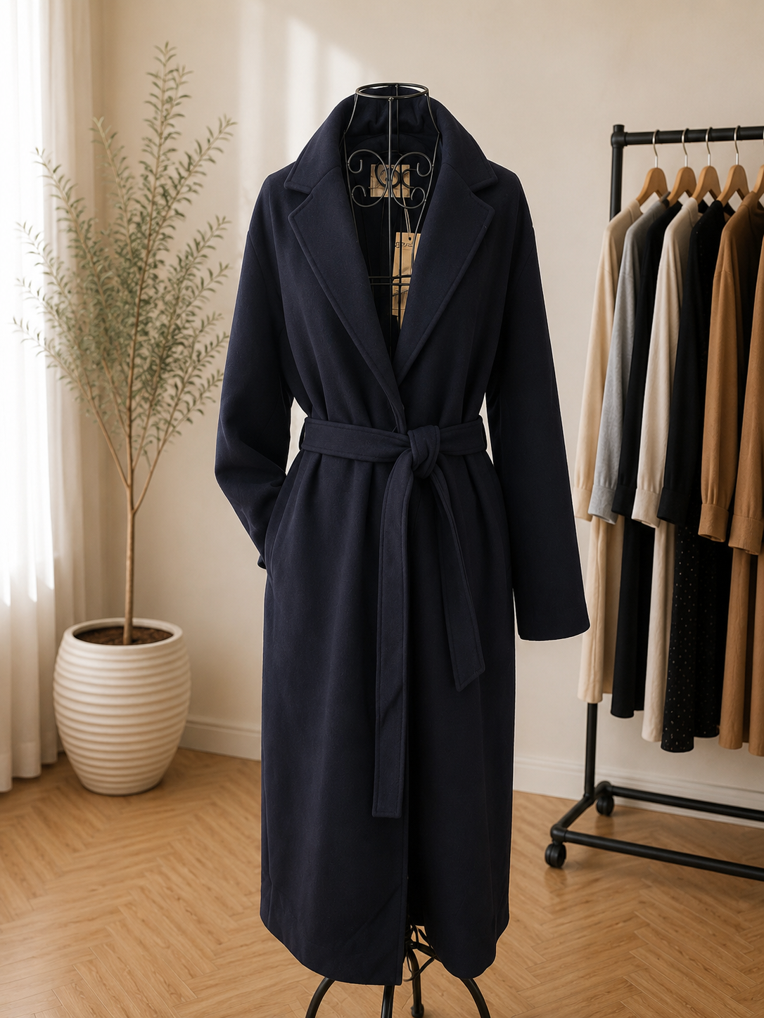 Długi płaszcz damski wiązany