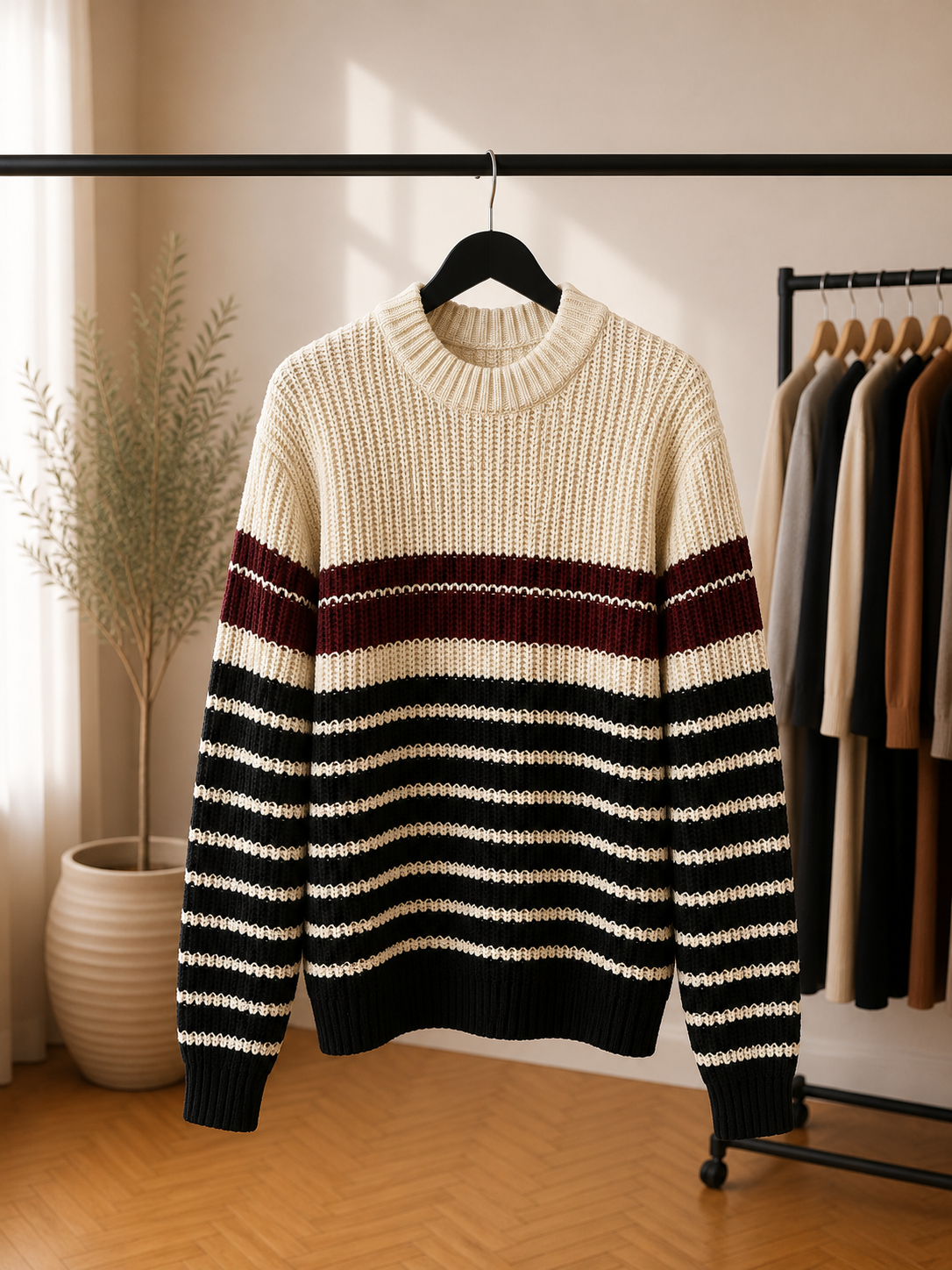 Sweter damski w paski z bordowym akcentem