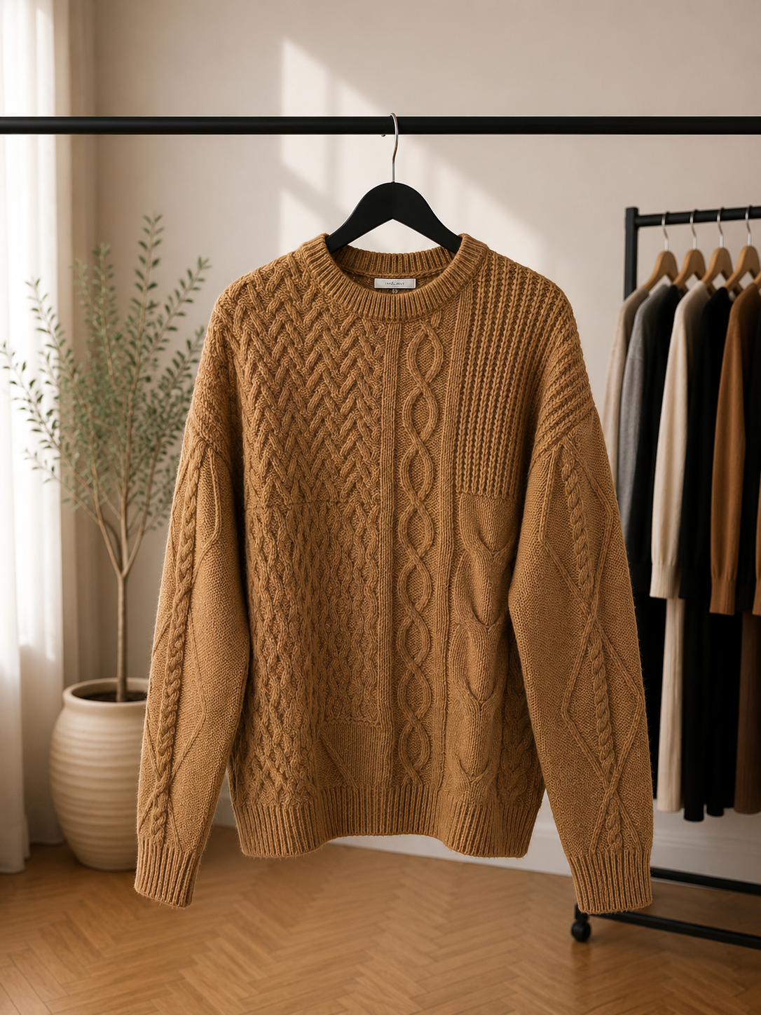 Damski sweter z ozdobnym splotem – camel